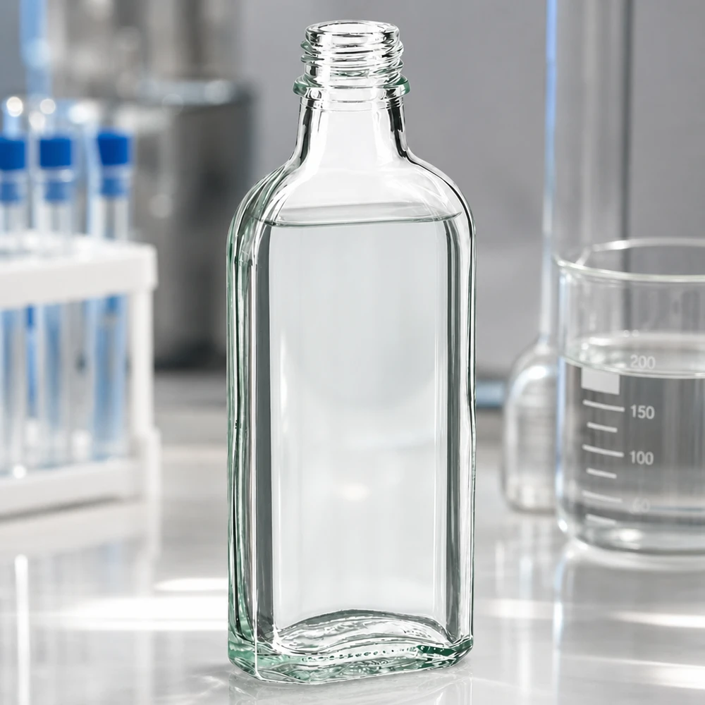 Frasco Meplat transparente de 100 ml DIN22 Frasco Meplat plano de 100 ml, transparente, com rosca DIN 22, num laboratório médico