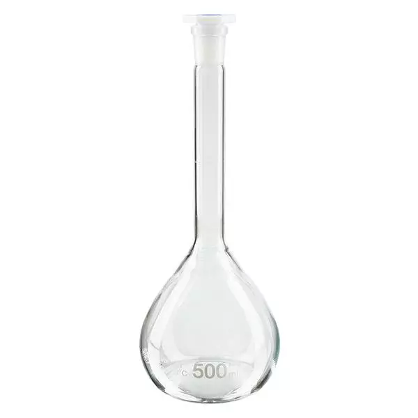Balão volumétrico de 500 ml com junta esmerilada standard e rolha PEHD Balão volumétrico de 500 ml com junta esmerilada standard e rolha PEHD