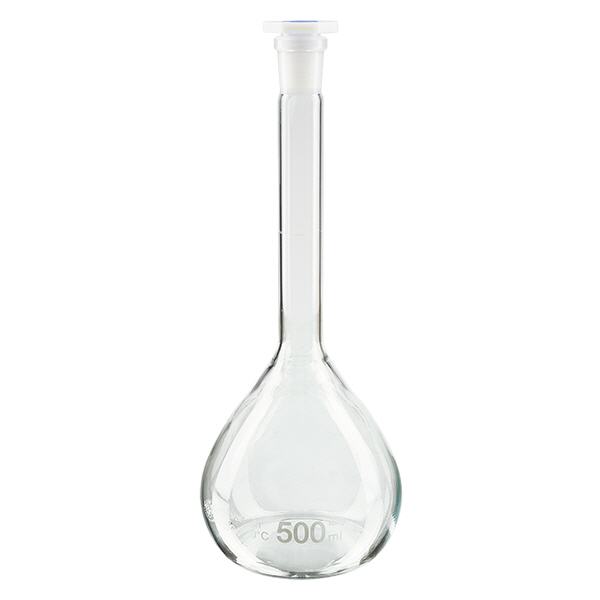 Balão volumétrico de 500 ml com junta esmerilada standard e rolha PEHD Balão volumétrico de 500 ml com junta esmerilada standard e rolha PEHD