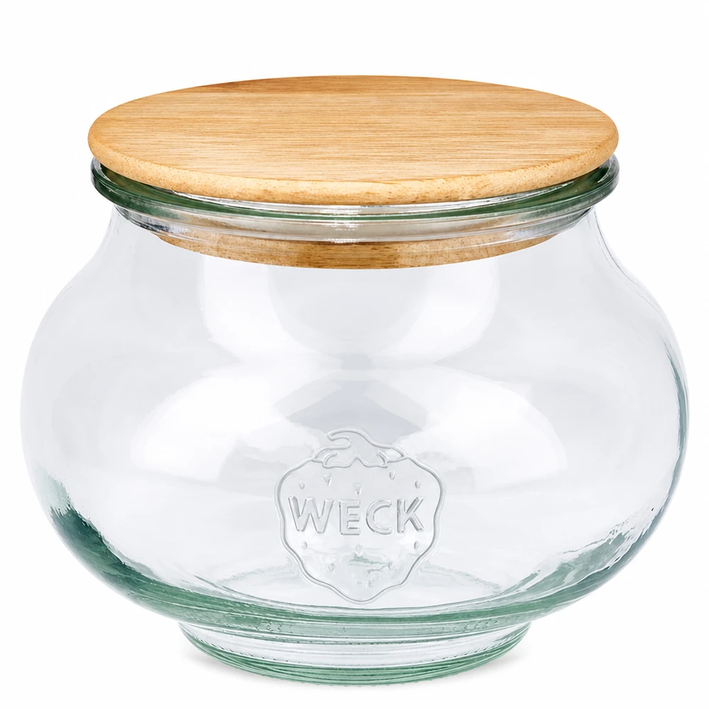 Frasco para jóias WECK 560ml RR80 com tampa redonda de madeira em carvalho Frasco de armazenamento transparente com o logótipo Weck