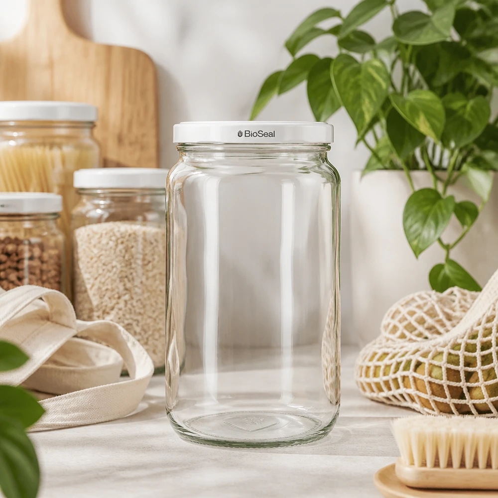 Frasco de arrumação UNiTWIST Runda795 com tampa branca TO82 BioSeal em cozinha sustentável de desperdício zero com materiais naturais