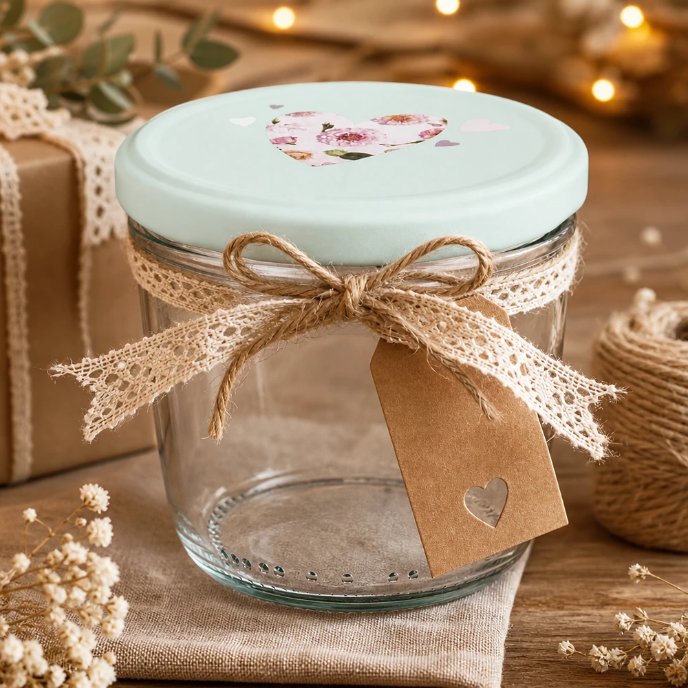 Copos de vidro de 230 ml + tampa BasicSeal coração menta UNiTWIST 230ml Sturzglas mit BasicSeal Deckel Herz mint als Geschenkidee, dekoriert mit Juteschleife und Geschenkanhänger