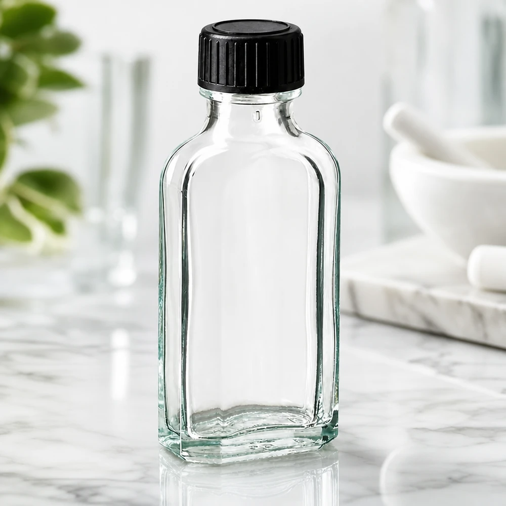 Frasco de vidro transparente Meplat de 50 ml com tampa de rosca preta sobre uma base de mármore
