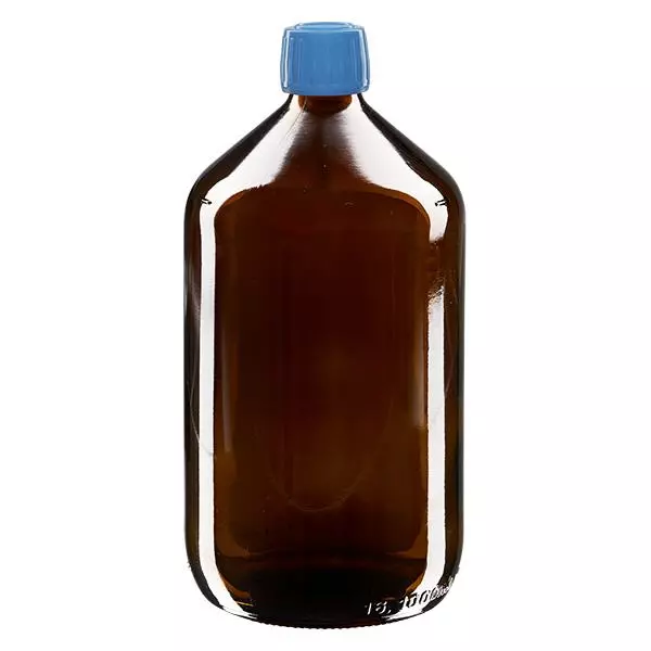 Frasco de medicamento de 1000ml castanho, tampa azul com anel inviolável ApoGlas Frasco de medicamento de 1000ml castanho, tampa azul com anel inviolável ApoGlas