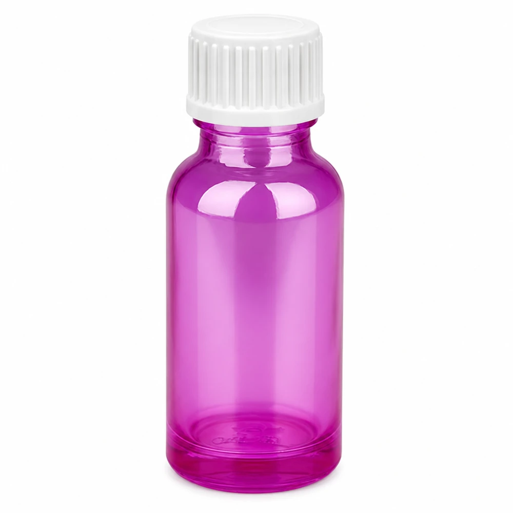 Frasco de vidro de 20 ml em violeta brilhante com tampa de rosca branca para óleos essenciais