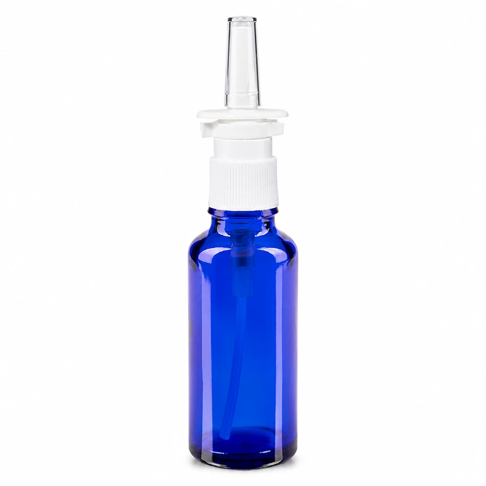 Frasco de spray nasal de 30 ml em vidro de farmácia azul, com cabeça de pulverização branca e ponta nasal transparente