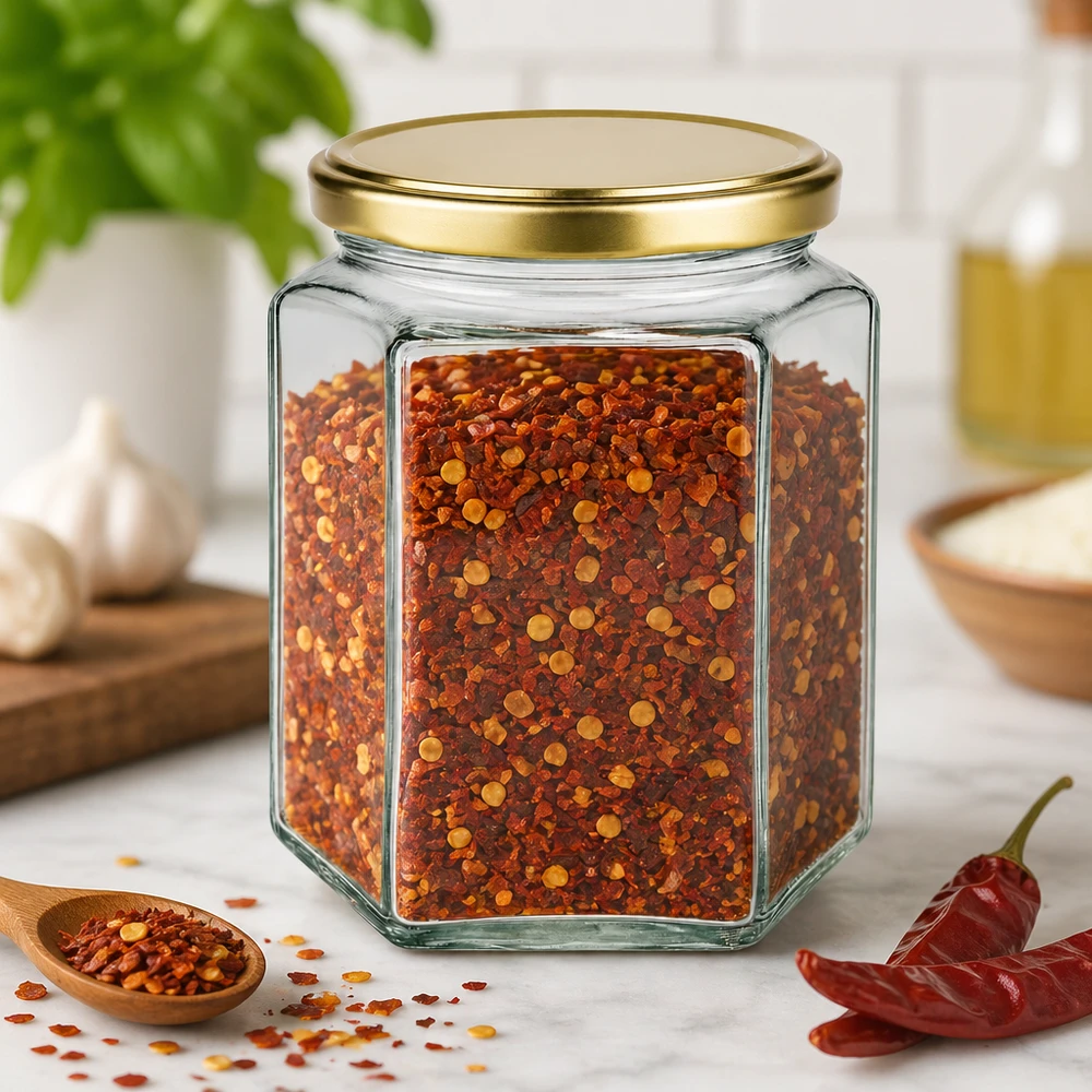 500g Honigglas mit goldenem Deckel BasicSeal UNiTWIST Frasco de mel BasicSeal hexagonal de 500 g com tampa dourada cheio de flocos de malagueta Spices Kitchen