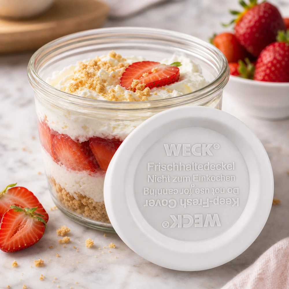 Tampa de conservação WECK RR40 com sobremesa de morango num frasco - perfeita para sobremesas doces e sobremesas em camadas