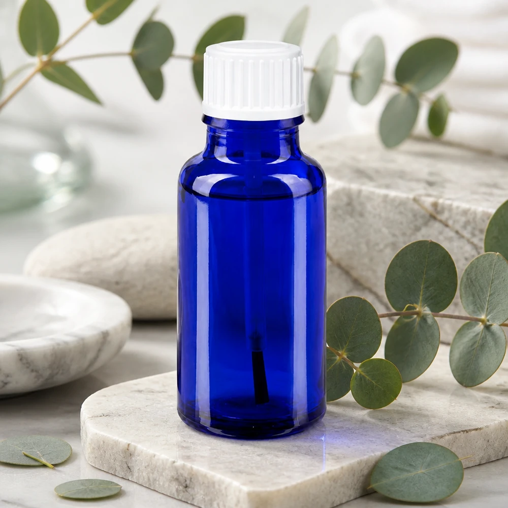 Frasco de farmácia azul 20ml com tampa de rosca branca Frasco de vidro azul cobalto de 20 ml com aplicador de pincel branco sobre fundo de mármore e eucalipto