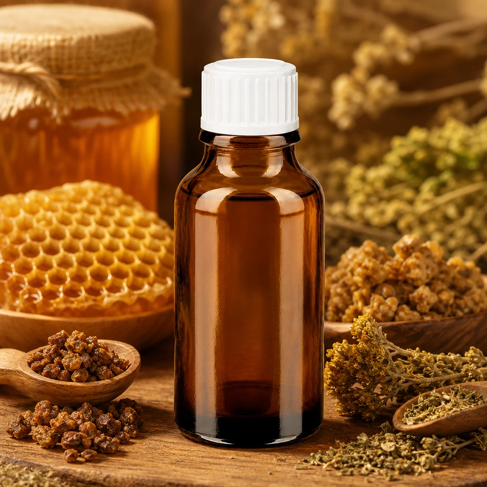Frasco de farmácia castanho de 20 ml com tampa branca, entre o mel em favo de abelha e as ervas medicinais