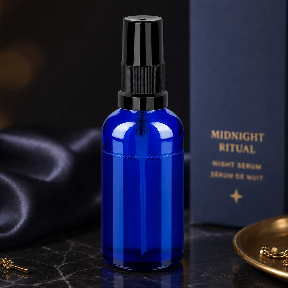 Frasco de vidro premium de 50 ml em azul cobalto com sistema de pulverização profissional para cuidados da pele