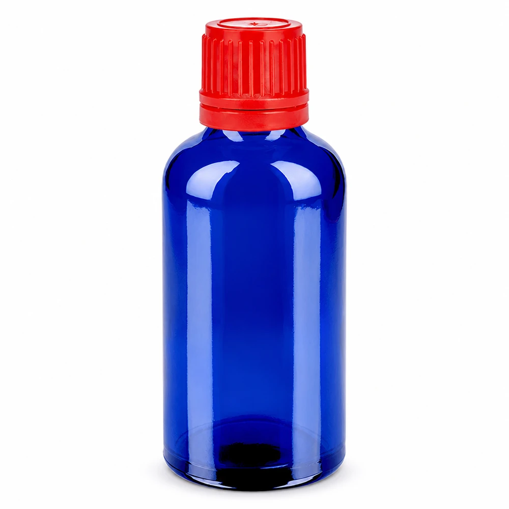 Frasco de 50ml com tampa de rosca de 11mm vermelha com fecho inviolável BlueLine UT18/50 Frasco de vidro de 50 ml azul com tampa vermelha 11 mm SV OV BlueLine UT18/50