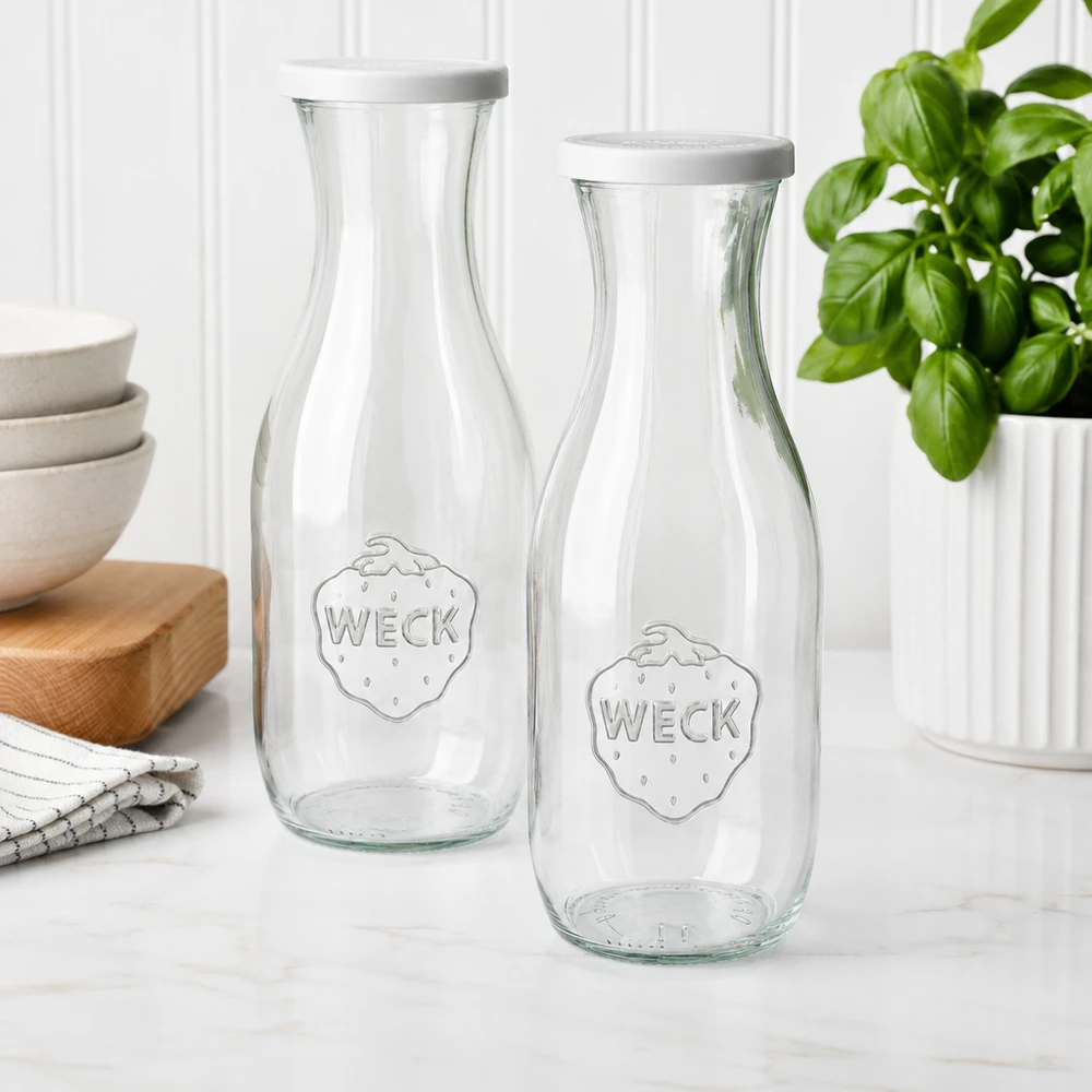 Duas garrafas de sumo WECK de 1062 ml com tampas brancas numa cozinha moderna ao lado de taças e de uma planta de manjericão