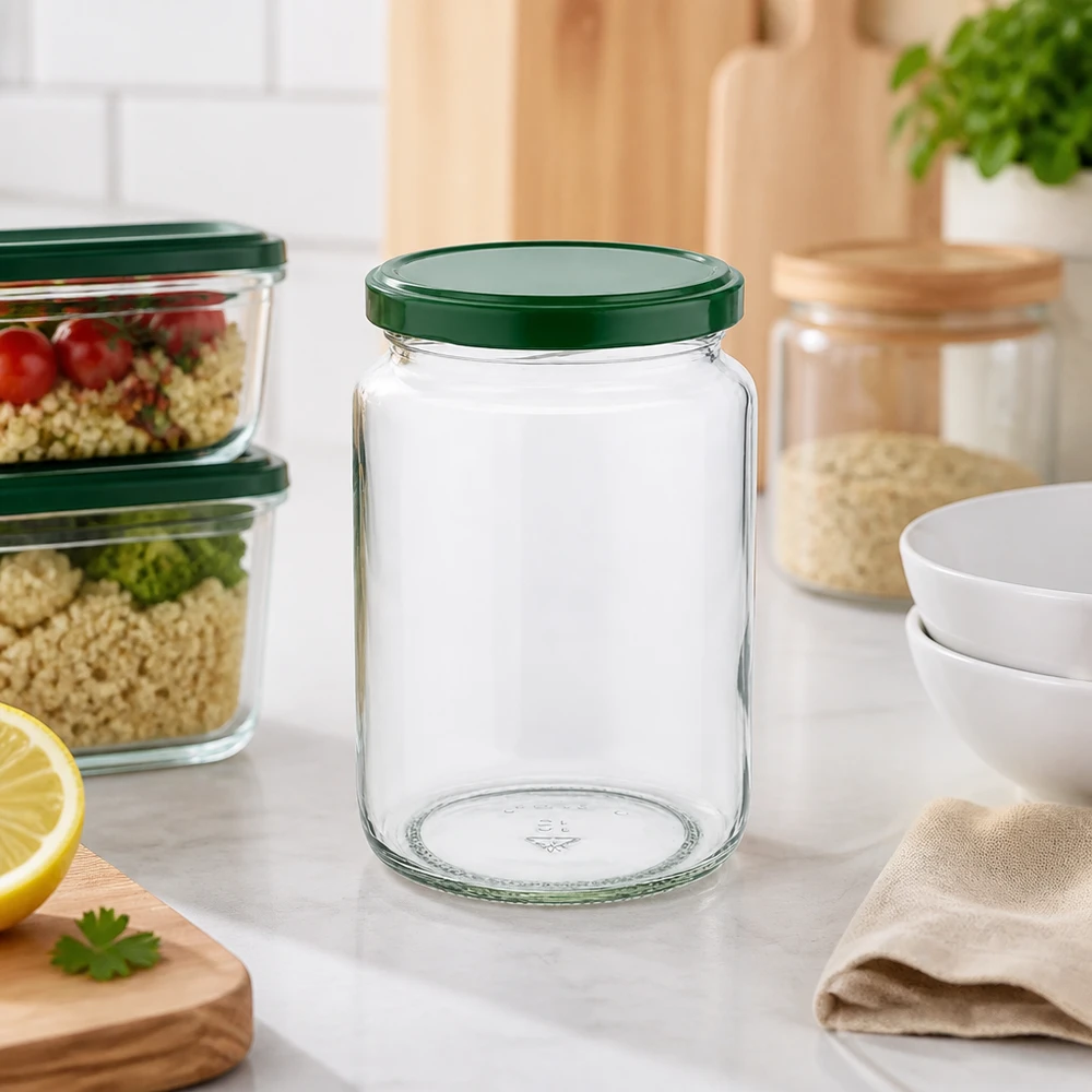 Frasco redondo de 795 ml + tampa BasicSeal verde UNiTWIST Frasco redondo UNiTWIST de 795 ml vazio com tampa BasicSeal verde em cozinhas modernas ao lado de caixas de preparação de refeições e frascos de armazenamento