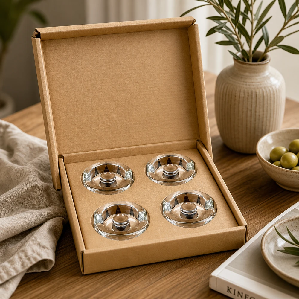 Pesos para frascos de fermentação com pega, conjunto de 4 UNiTWIST UNiTWIST Fermentier-Glasgewichte 4er Set in stilvoller Kartonbox auf Holztisch neben Olivenschale und Keramikvase