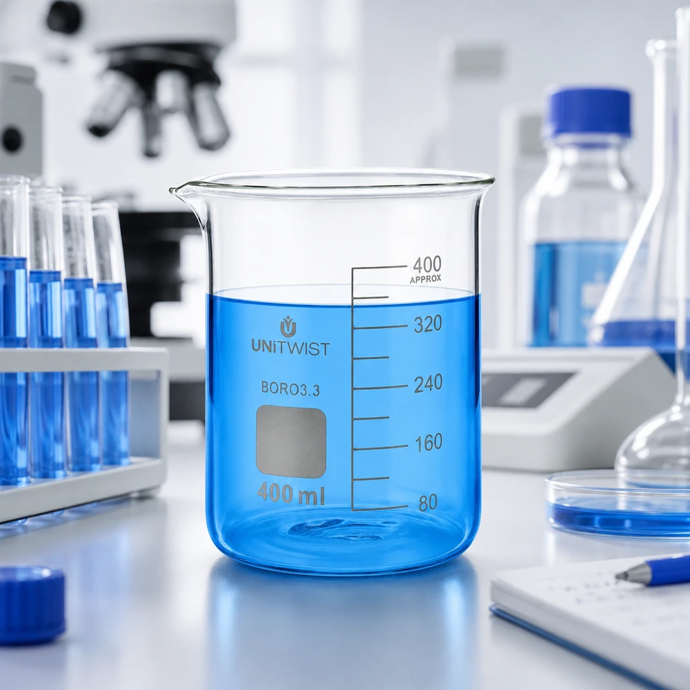 Copo 400 ml de borossilicato, baixo teor de bolor UNiTWIST Vaso de laboratório UNiTWIST de 400 ml, de formato baixo, com um líquido azul sobre uma mesa de laboratório branca