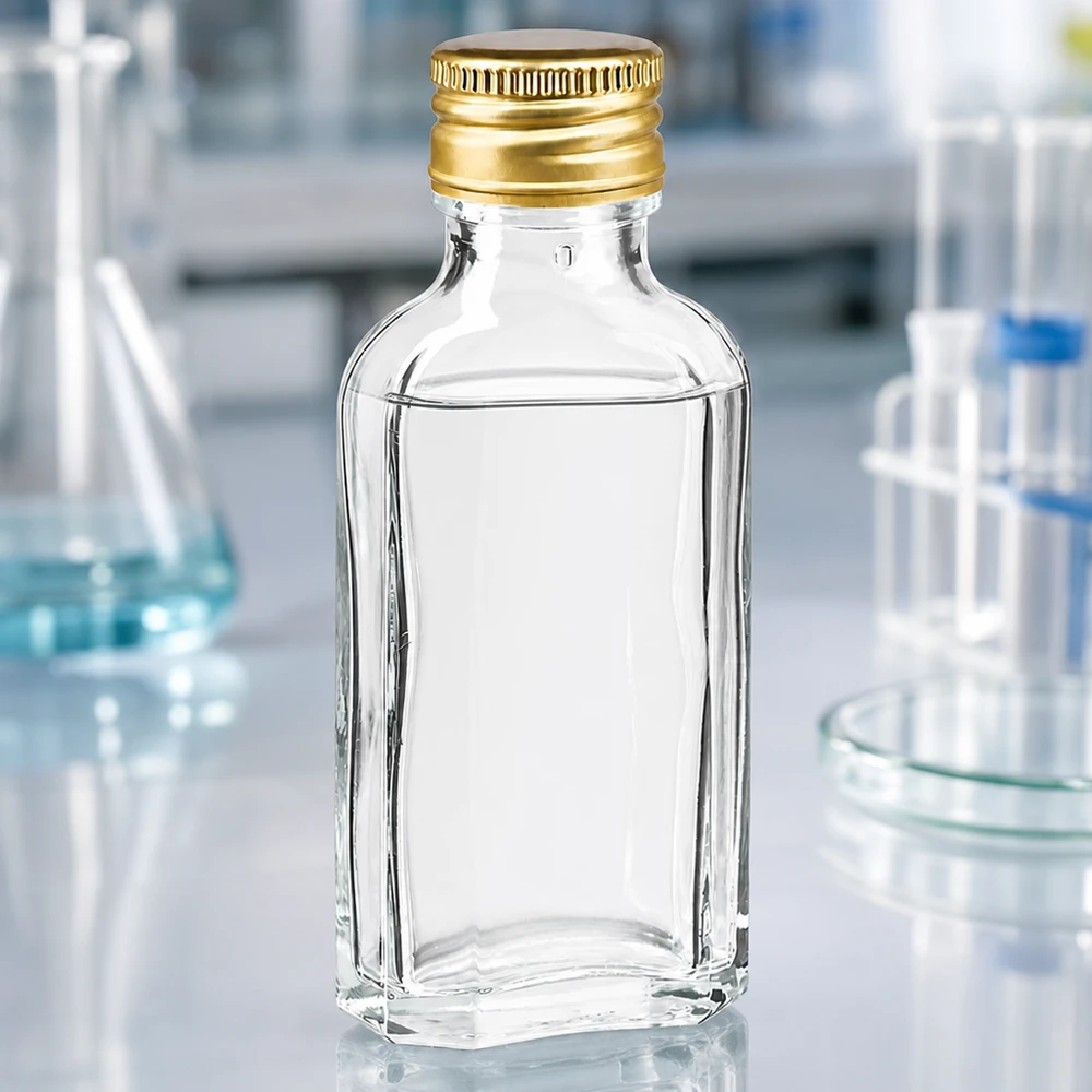 Frasco de vidro transparente Miniatur Meplat de 50 ml com tampa de rosca em alumínio dourado PP22 em ambiente laboratorial