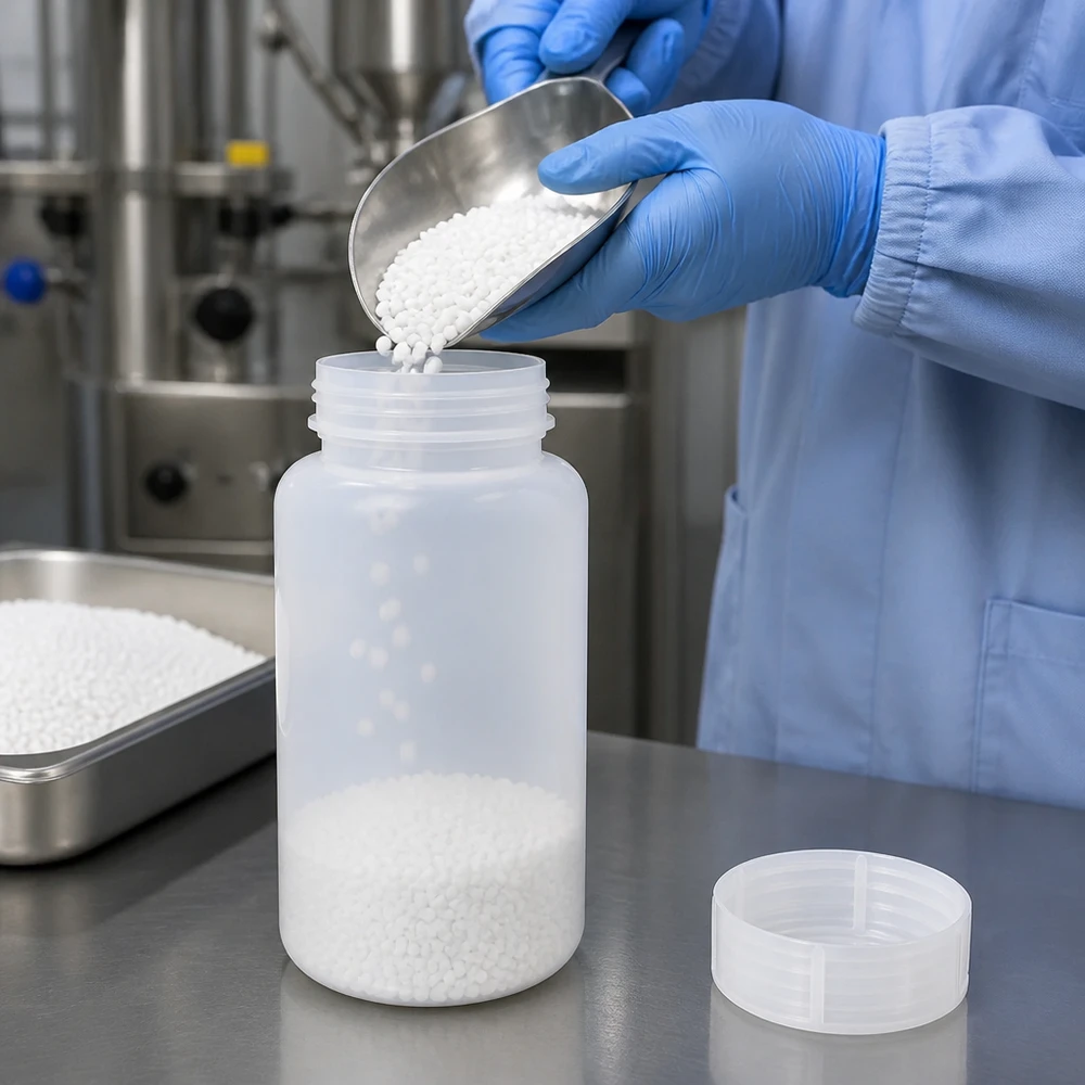 Um colaborador do laboratório enche um frasco de laboratório de HDPE de gargalo largo, com 1000 ml, com grânulos brancos, utilizando uma pá de metal
