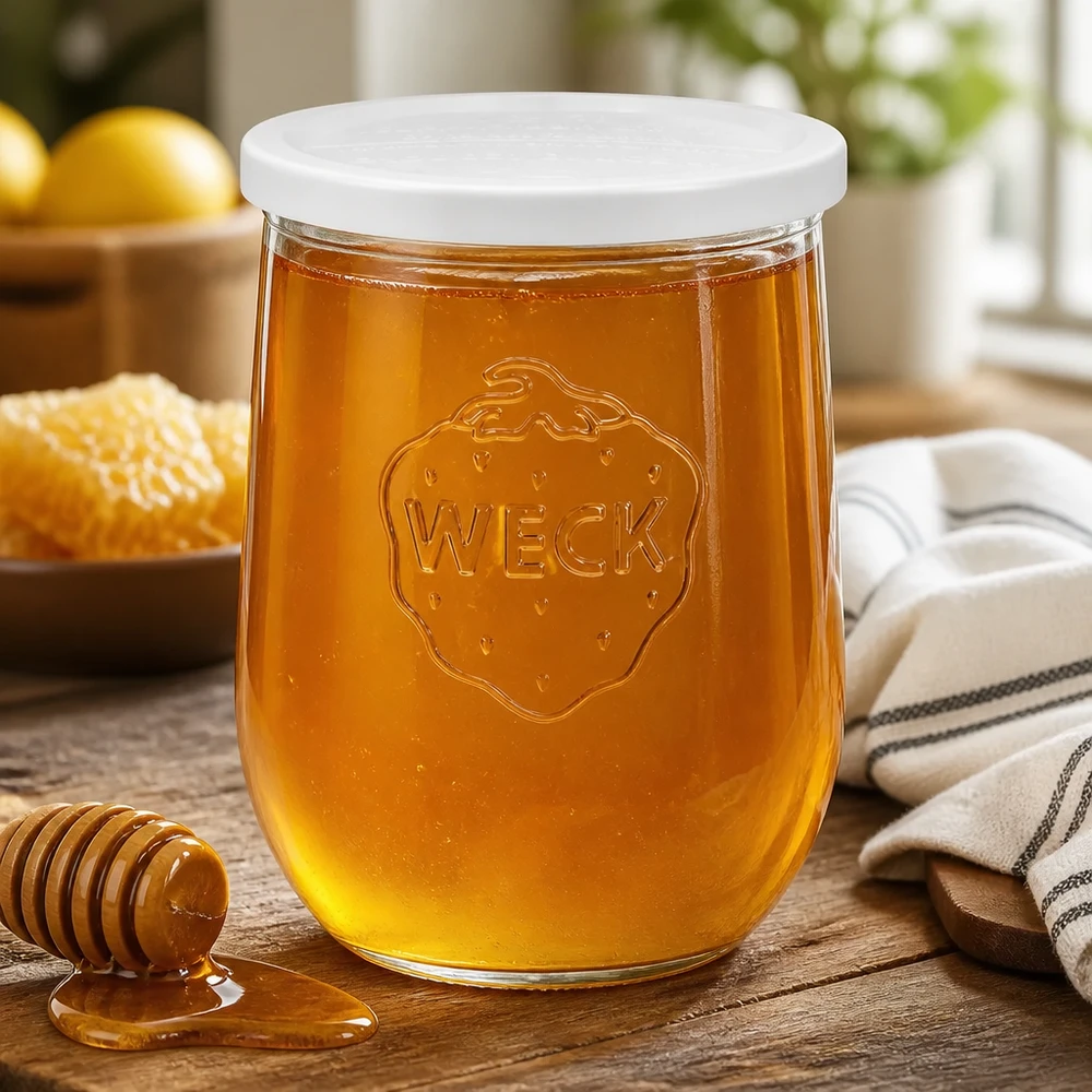 Frasco de tulipa WECK de 1062 ml RR100 cheio de mel ao lado de uma colher de mel numa mesa de madeira em ambiente natural de cozinha