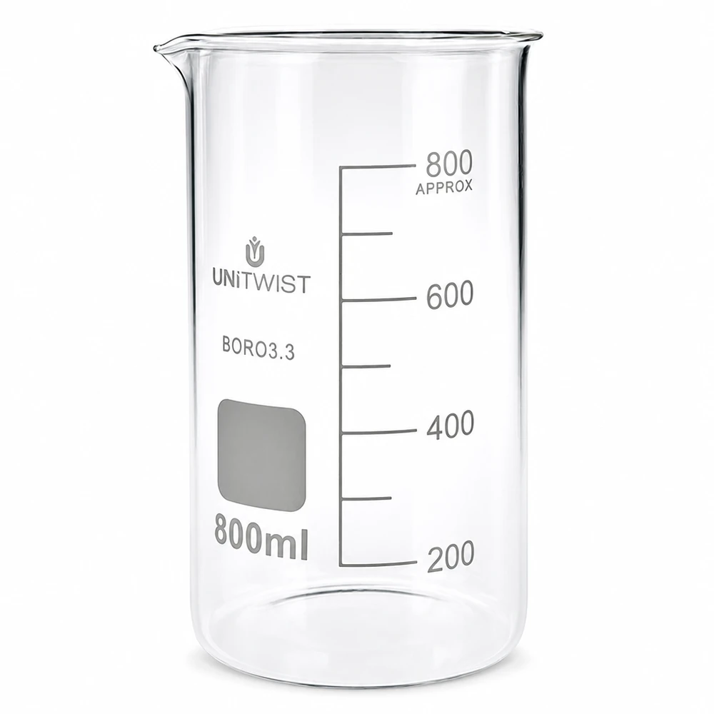 Copo de laboratório de 800 ml, de formato alto, em vidro borossilicato, com escala em mililitros, da UNITWIST