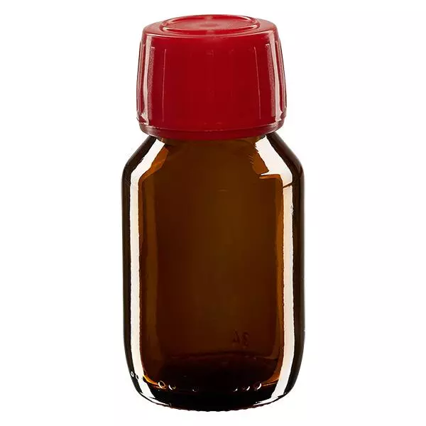 Frasco de medicamento de 50ml castanho, tampa vermelha com anel inviolável ApoGlas Frasco de medicamento de 50ml castanho, tampa vermelha com anel inviolável ApoGlas