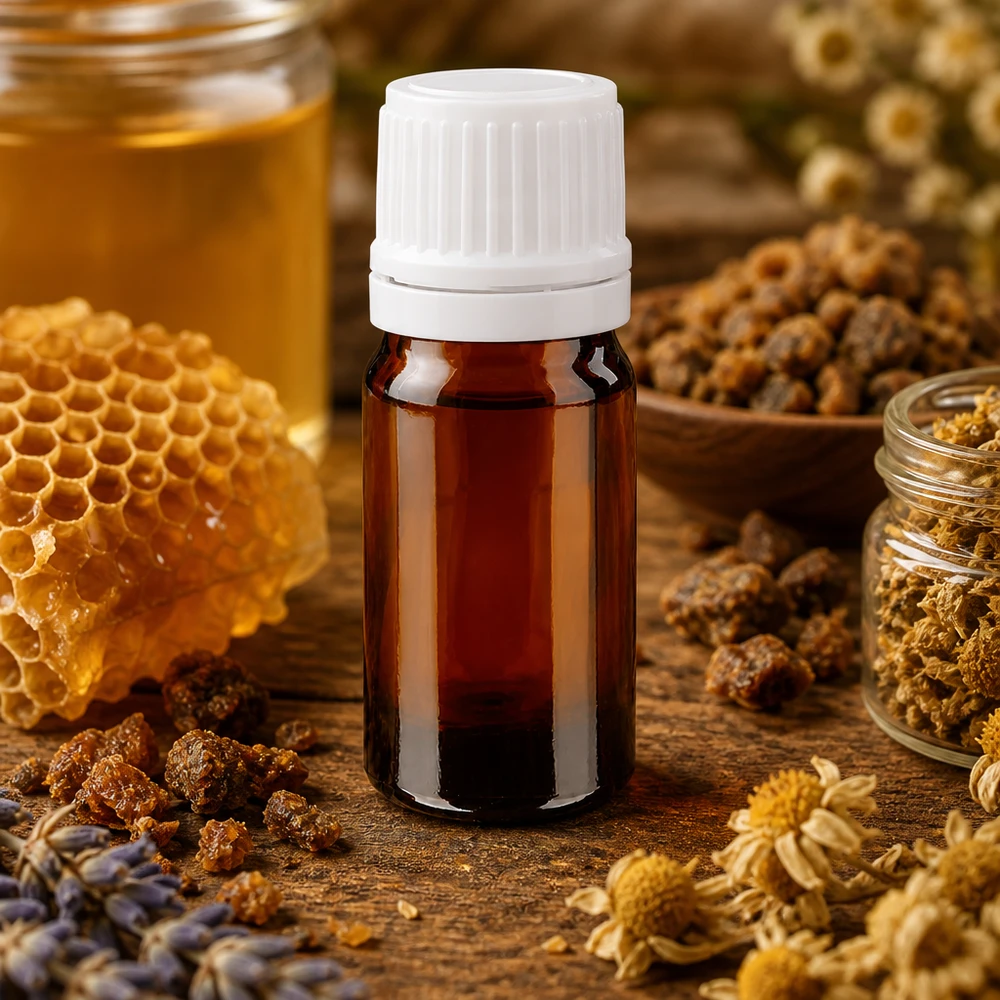 Frasco de farmácia castanho 5ml com tampa de rosca branca inviolável Frasco de extrato de plantas medicinais de 5 ml, em vidro âmbar com tampa de rosca branca, envolto em própolis e mel