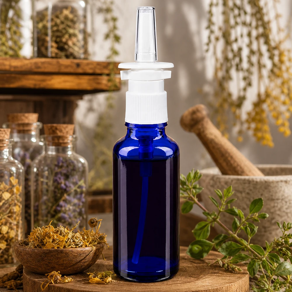 Frasco de farmácia azul 30ml atomizador nasal branco padrão Frasco de spray nasal de 30 ml em vidro azul com bico dosador branco, rodeado por ervas medicinais secas