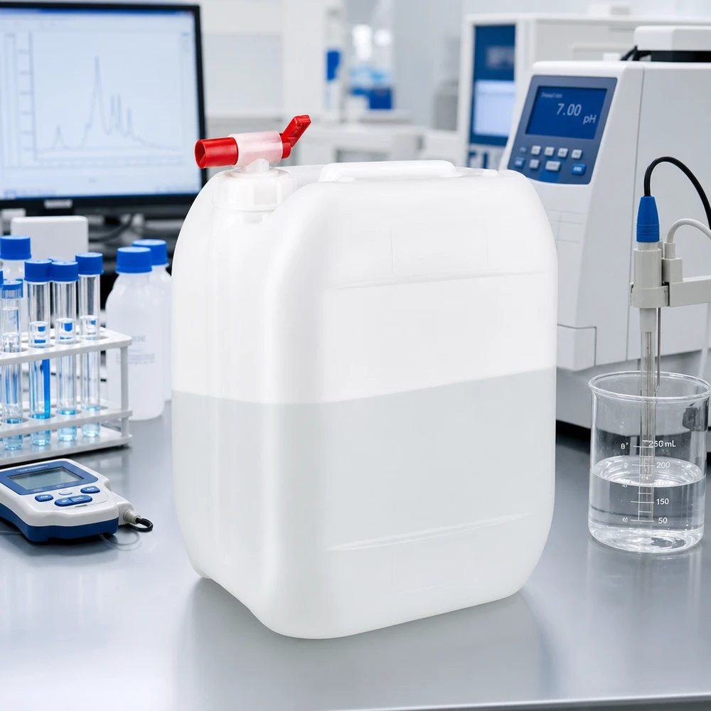 Recipiente de laboratório branco de 10 litros com torneira de saída vermelha, ao lado de um medidor de pH e de um copo de laboratório