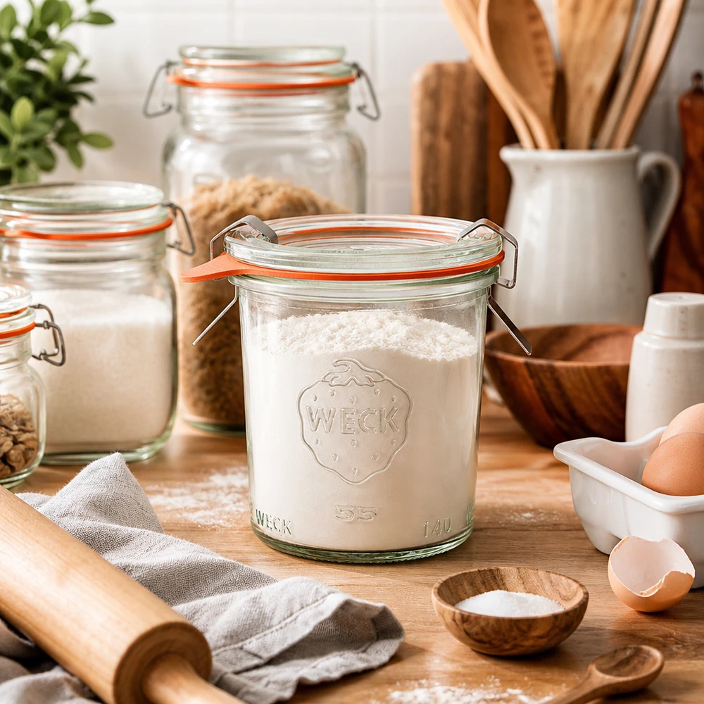 Copos de vidro de 140ml completos WECK RR60 Copos WECK 140ml RR60 cheios de farinha na cozinha com ingredientes de pastelaria ovos rolo da massa e utensílios de madeira para pastelaria