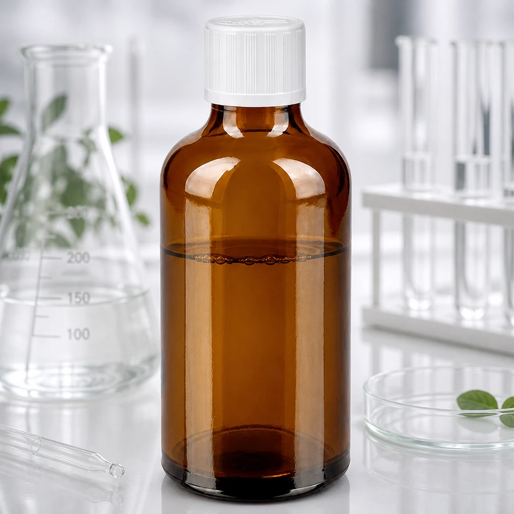 Frasco de farmácia de 50 ml, de vidro castanho, com tampa de segurança para crianças branca, no laboratório