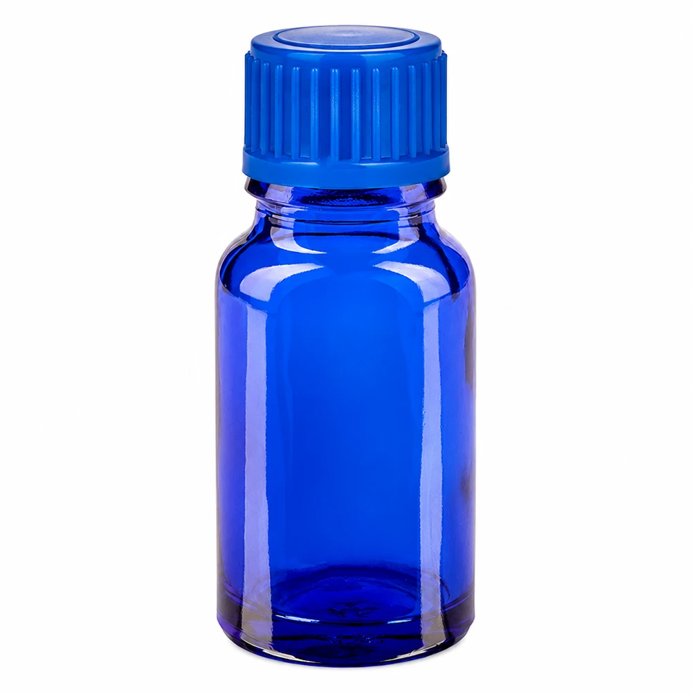 Frasco de vidro azul de 10 ml com tampa de rosca para óleos essenciais e cosméticos