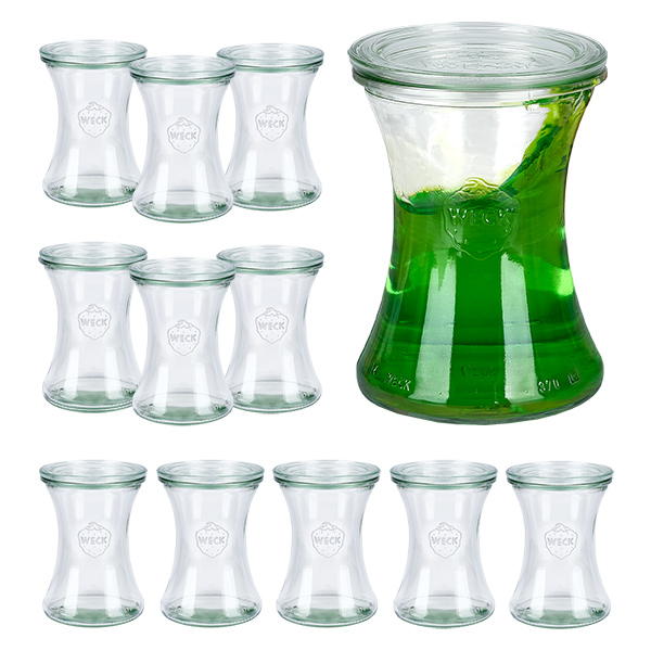 Conjunto de 12 frascos Weck frasco de charcutaria de 370ml com 12 tampas de vidro Conjunto de 12 frascos Weck frasco de charcutaria de 370ml com 12 tampas de vidro