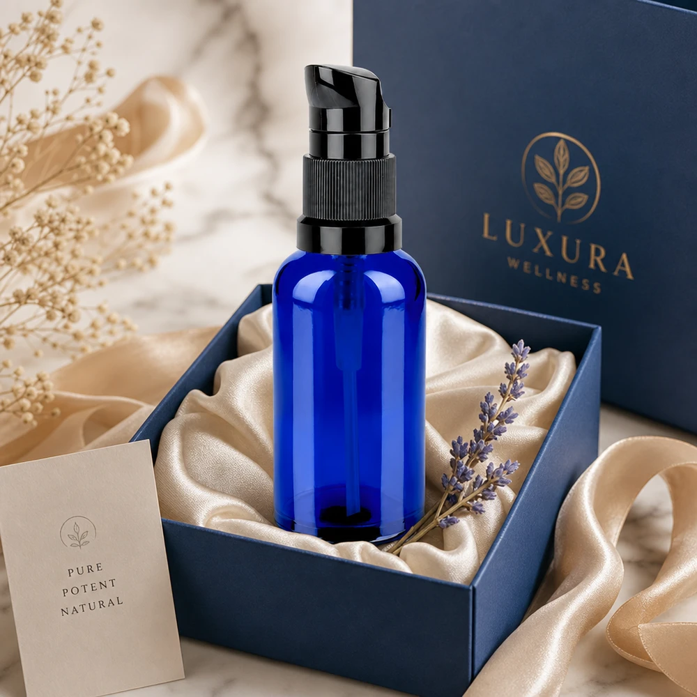 Frasco doseador de 50 ml preto com tampa standard BlueLine UT18/50 Frasco de vidro azul de alta qualidade de 50 ml com cabeça de bomba preta para cuidados de pele de luxo STD BlueLine UT18/50