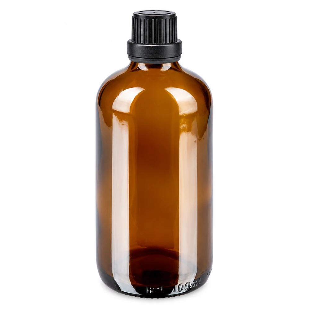 Frasco de farmácia castanho de 100 ml em vidro borossilicato, com tampa OV preta e aplicador conta-gotas de 2 mm
