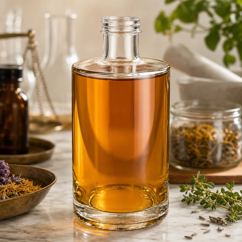 Garrafa de vidro de 375 ml de Sam com líquido de cor âmbar disposto num ambiente natural com ervas e especiarias