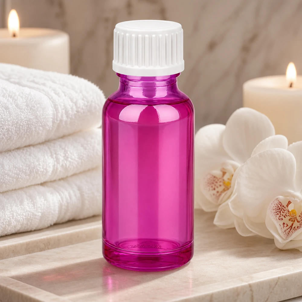 Frasco de 20 ml (glóbulo) com anel de vazamento de 3 mm branco padrão PurpleLine.UT18/20 Frasco de vidro de 20 ml em magenta brilhante com tampa de rosca fácil de utilizar para o bem-estar