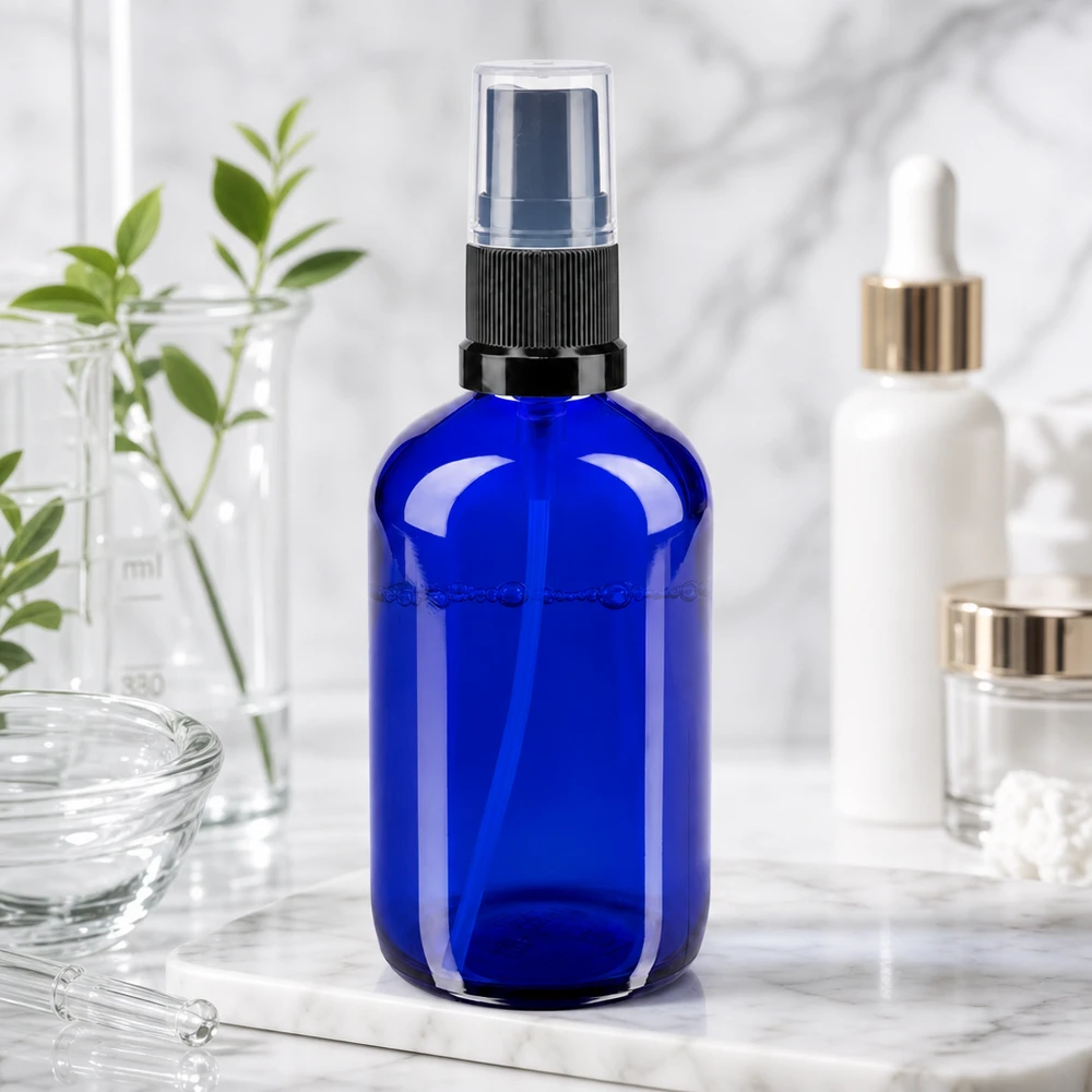 Frasco de spray azul de 100 ml em vidro de farmácia com pulverizador preto, sobre uma superfície de mármore, com produtos de beleza