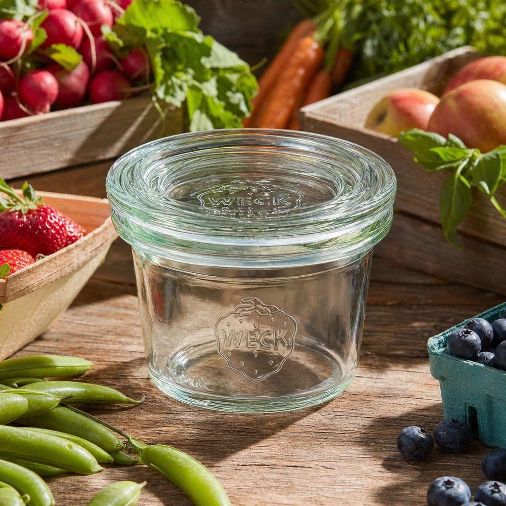 Frasco de pedreiro vazio WECK 35ml RR40 com tampa de vidro rodeado de frutas e legumes frescos numa mesa de madeira rústica