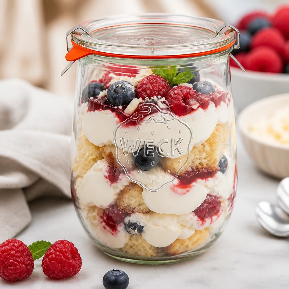 Boião tulipa WECK 1062ml RR100 como boião de sobremesa para trifle com bagas, creme e base de bolo numa sobremesa em camadas