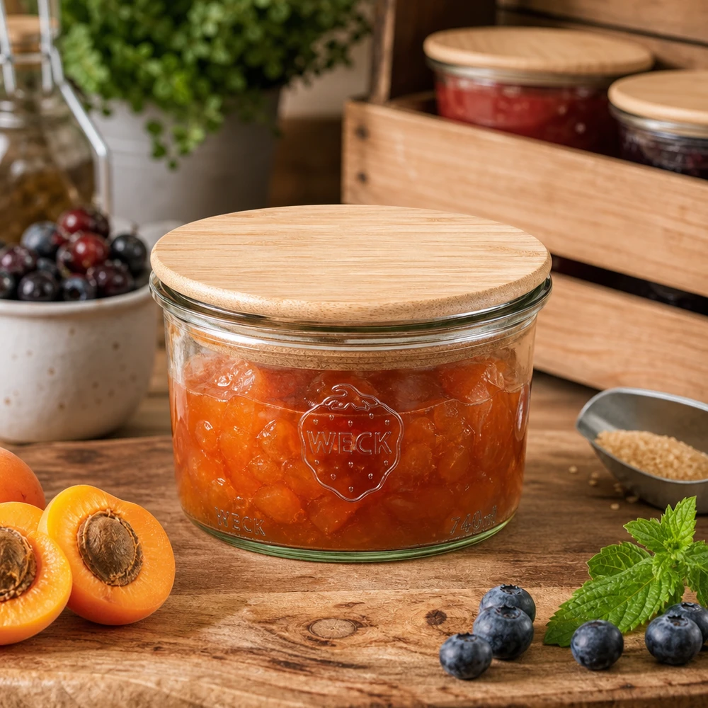 Copos de vidro WECK RR80 de 200 ml com tampa de madeira WECK Einmachglas 200ml mit Holzdeckel gefüllt mit Aprikosenmarmelade auf Holztisch neben frischen Früchten