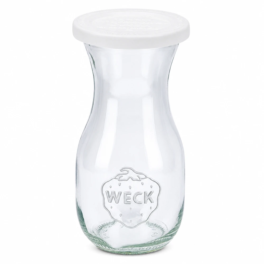 Garrafa de sumo WECK 290ml com tampa de frescura branca RR60 feita de vidro transparente com logótipo em relevo