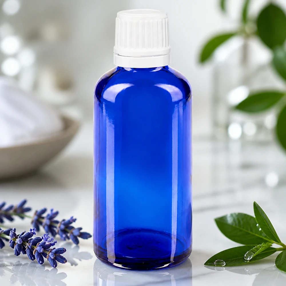 Frasco de vidro azul de 50 ml com tampa branca com segurança para crianças, ao lado de ramos frescos de lavanda