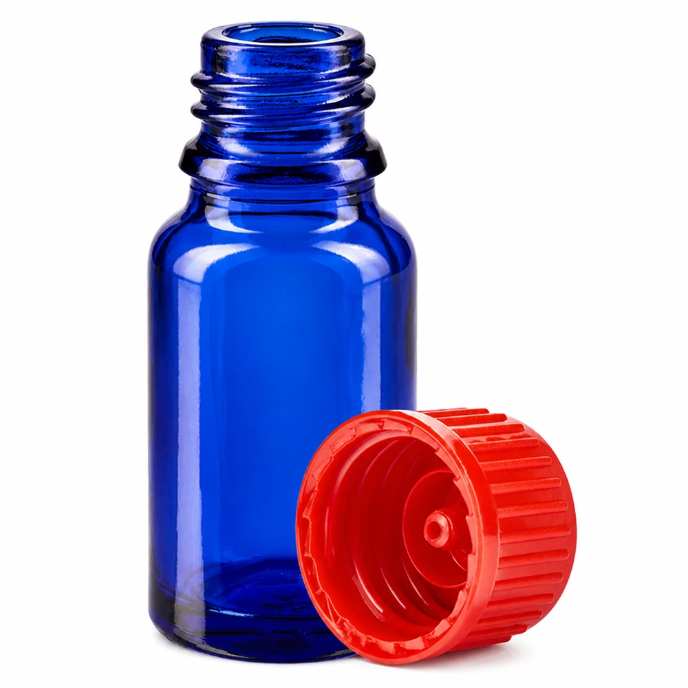 Frasco de vidro azul-cobalto de 10 ml com tampa de segurança para crianças para armazenamento seguro de líquidos