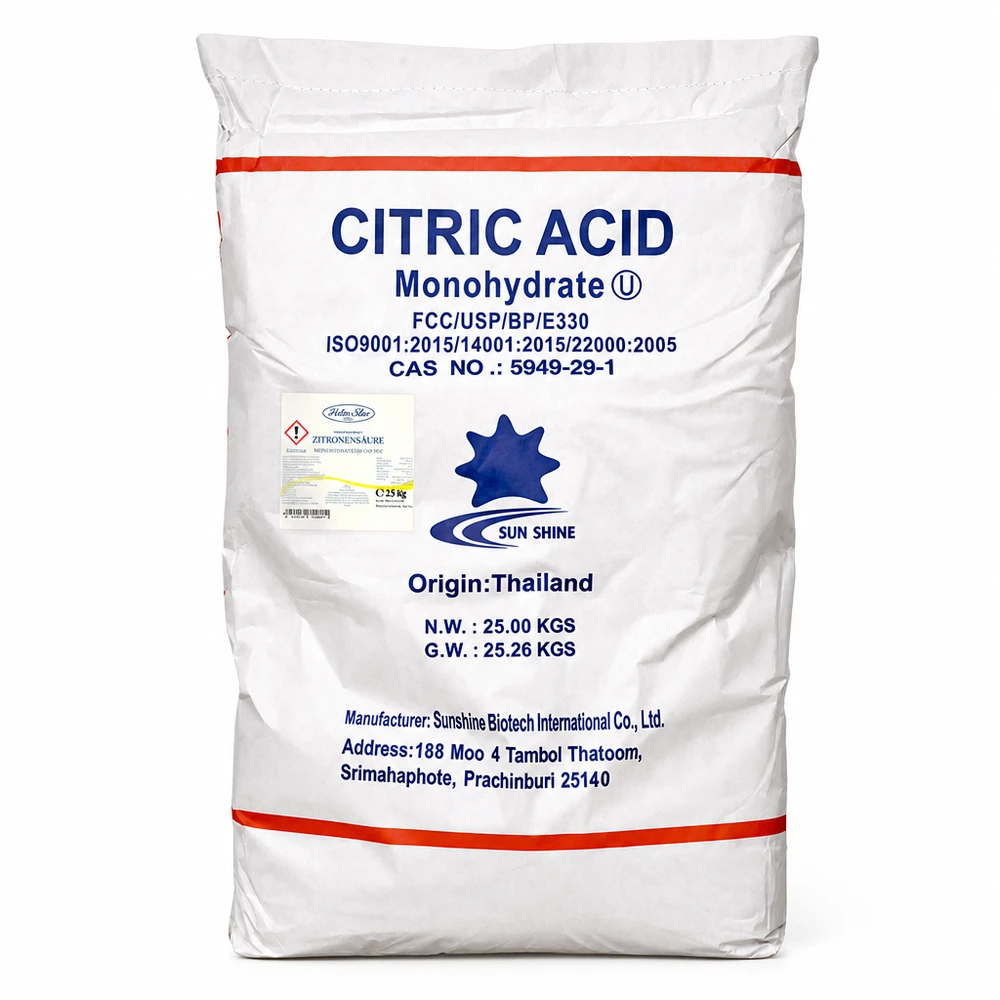 25 kg de ácido cítrico mono-hidratado E330 em saco industrial branco para produção alimentar