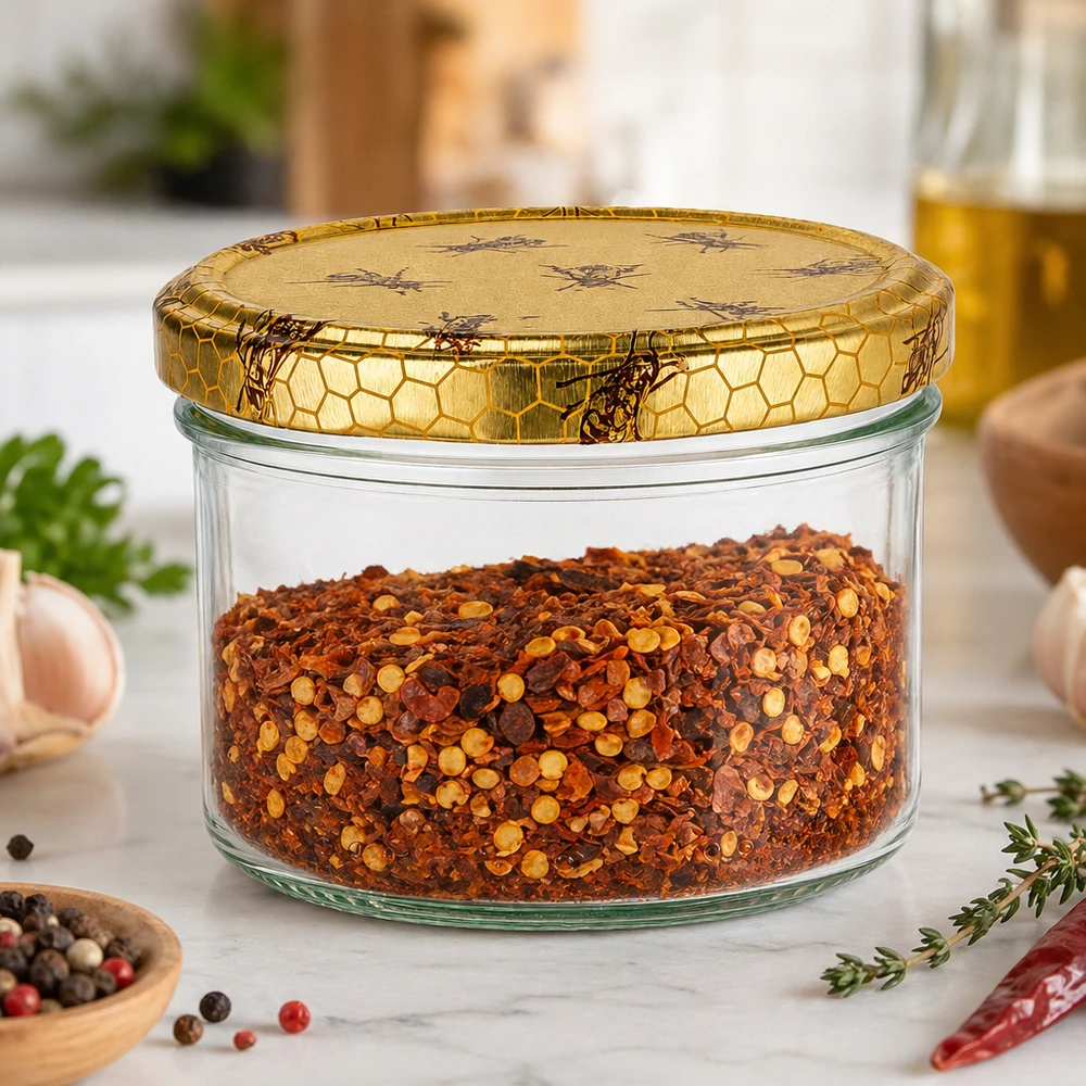 300g Honigglas mit Bienenwabe Deckel BasicSeal UNiTWIST O frasco de mel de 300 g com tampa em forma de favo de mel pode ser utilizado como frasco de especiarias para flocos de malagueta na cozinha