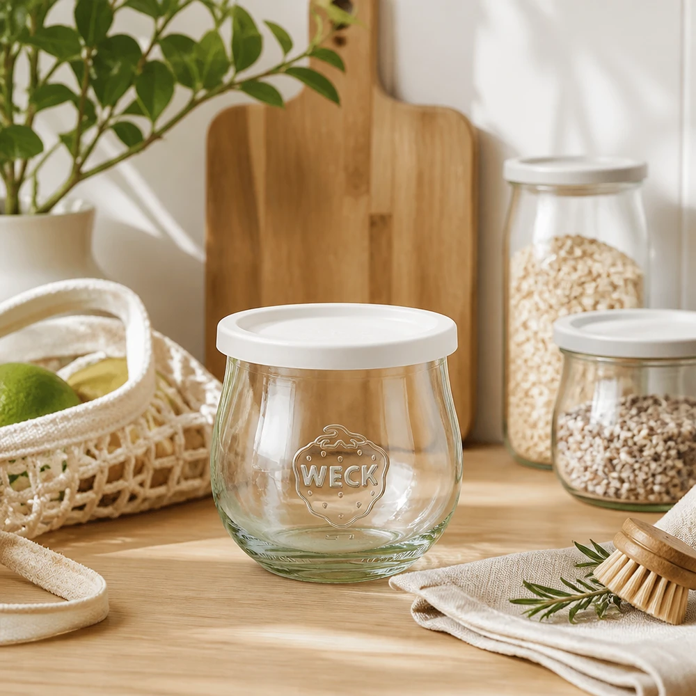 Jarro de tulipas WECK 370ml RR80 com decoração num ambiente de cozinha natural com utensílios de madeira e frascos de arrumação