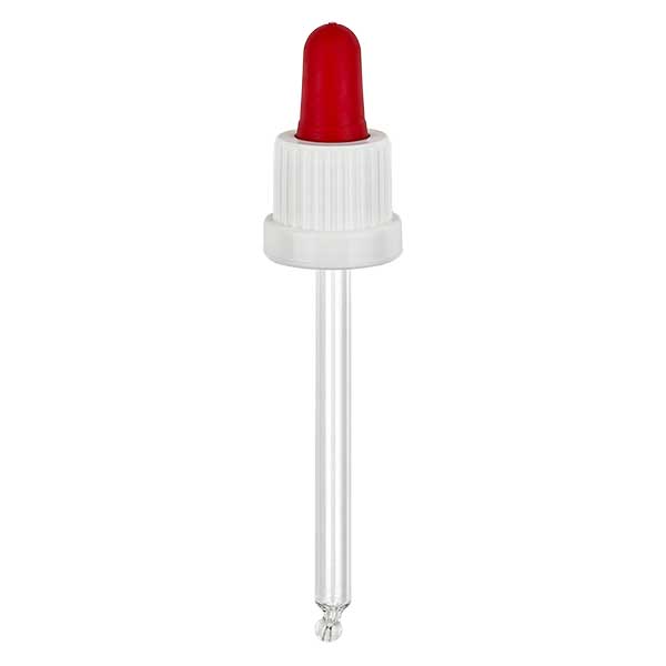 Pipeta conta-gotas de vidro branco/vermelho 18mm PL85 com fecho inviolável