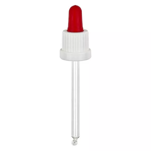 Pipeta conta-gotas de vidro branco/vermelho 18mm PL85 com fecho inviolável Pipeta conta-gotas de vidro branco/vermelho 18mm PL85 com fecho inviolável