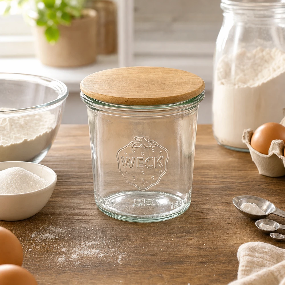 Frasco de vidro WECK 140ml RR60 com tampa de madeira para a cozinha de pastelaria com farinha, ovos e ingredientes de pastelaria para guardar