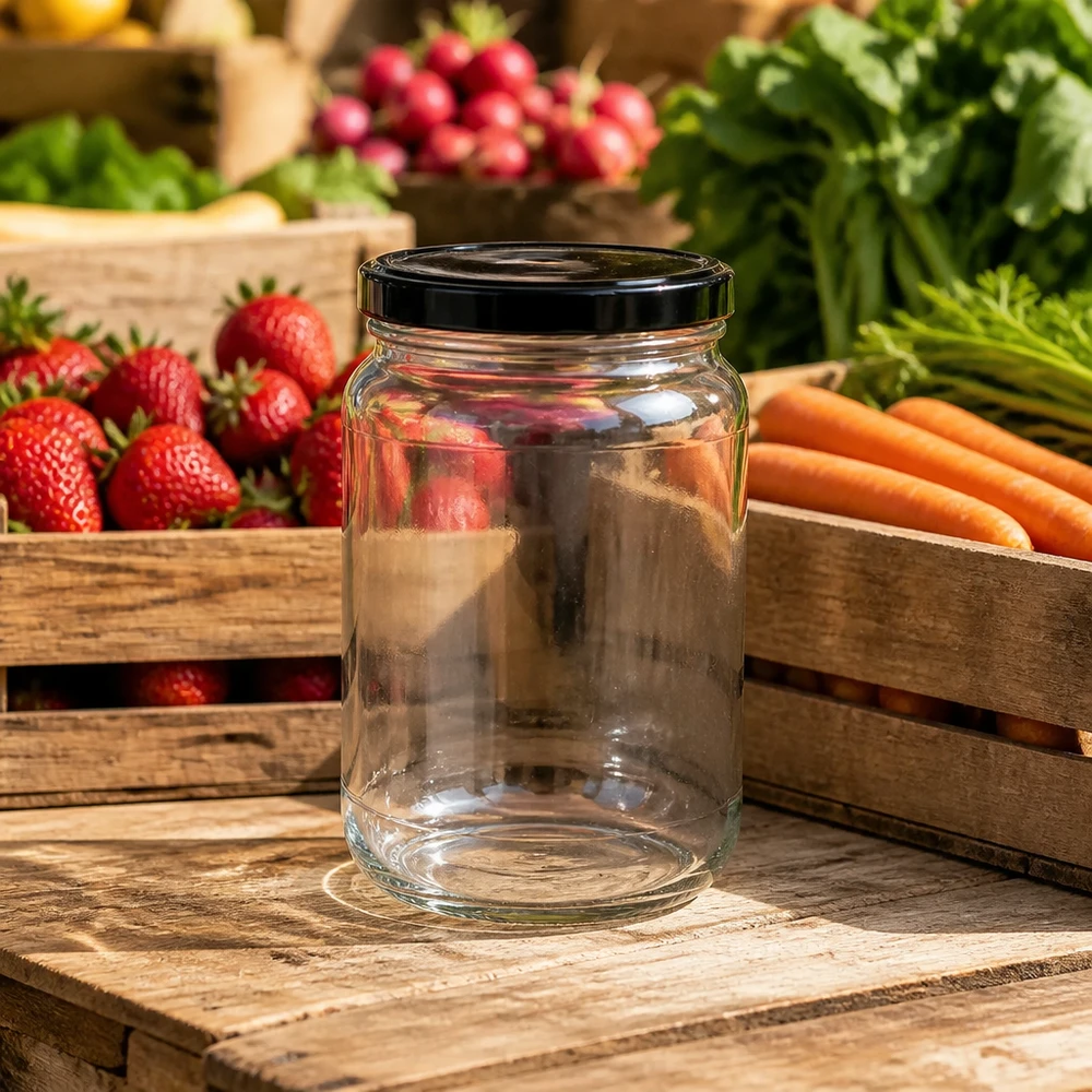 Frasco redondo de 1700 ml com tampa BasicSeal preta UNiTWIST Frasco redondo vazio de 1700 ml com tampa BasicSeal frasco para conservas de frutos frescos e legumes